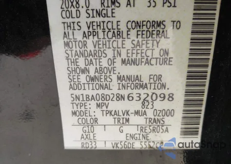 2008 Nissan Armada Le z USA, uszkodzony, nr VIN 5N1BA08D28N632098